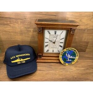 Seiko Radio Controlled Clock W/ USS Haynsworth DD 700 Plaque, Hat And Patch